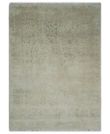5x7 Fine Hand Knotted Beige and Brown Traditional Style Antique Wool and Silk Rug