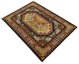 5x7 Flatwoven Black, Yellow And Green Flower Wool Hand Woven Antique Design Rug