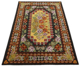 5x7 Flatwoven Black, Yellow And Green Flower Wool Hand Woven Antique Design Rug