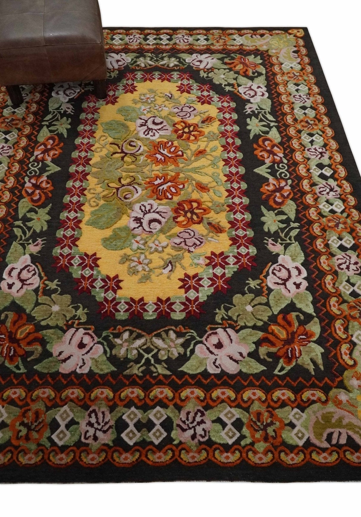5x7 Flatwoven Black, Yellow And Green Flower Wool Hand Woven Antique Design Rug