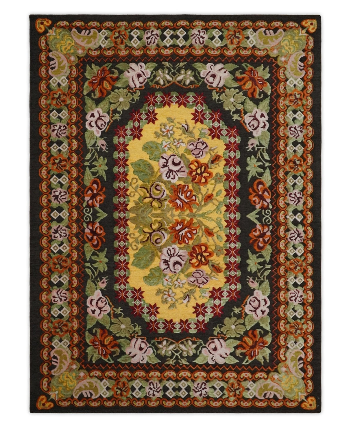 5x7 Flatwoven Black, Yellow And Green Flower Wool Hand Woven Antique Design Rug