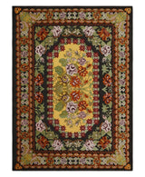 5x7 Flatwoven Black, Yellow And Green Flower Wool Hand Woven Antique Design Rug