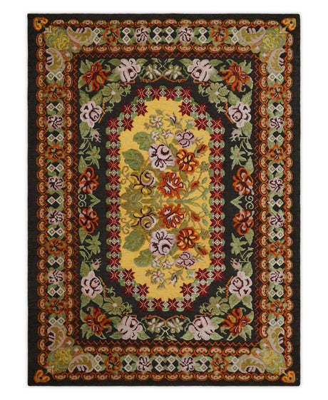 5x7 Flatwoven Black, Yellow And Green Flower Wool Hand Woven Antique Design Rug