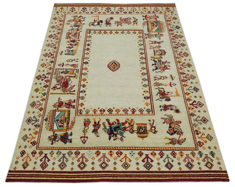 5x7 Flatwoven Ivory and Beige Wool Hand Knotted Southwestern Gabbeh Rug
