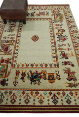 5x7 Flatwoven Ivory and Beige Wool Hand Knotted Southwestern Gabbeh Rug