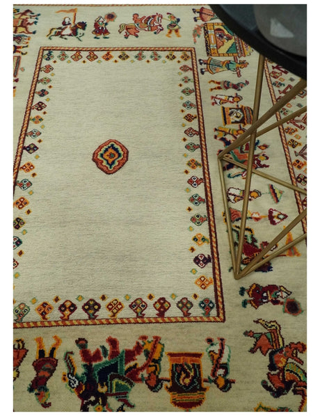 5x7 Flatwoven Ivory and Beige Wool Hand Knotted Southwestern Gabbeh Rug