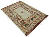 5x7 Flatwoven Ivory and Beige Wool Hand Knotted Southwestern Gabbeh Rug