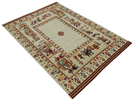 5x7 Flatwoven Ivory and Beige Wool Hand Knotted Southwestern Gabbeh Rug