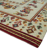 5x7 Flatwoven Ivory and Beige Wool Hand Knotted Southwestern Gabbeh Rug