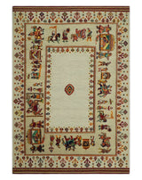 5x7 Flatwoven Soumak, Ivory and Beige Indian Wedding, Hand Spun Wool Hand Knotted Southwestern Gabbeh Rug | KNT42