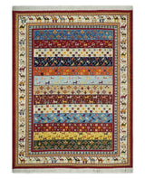 5x7 Multicolor Animal Brid Anetlope Flatwoven Soumak Wool Hand Made Southwestern Lori Rug | KNT49