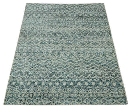5x7 Teal and Beige Hand knotted southwestern Tribal trellis recycled Art Silk rug