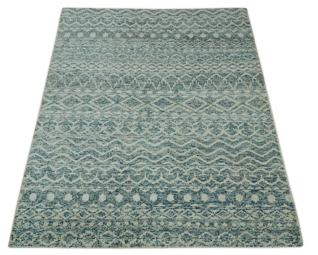5x7 Teal and Beige Hand knotted southwestern Tribal trellis recycled Art Silk rug-Area Rug-Parc Decor