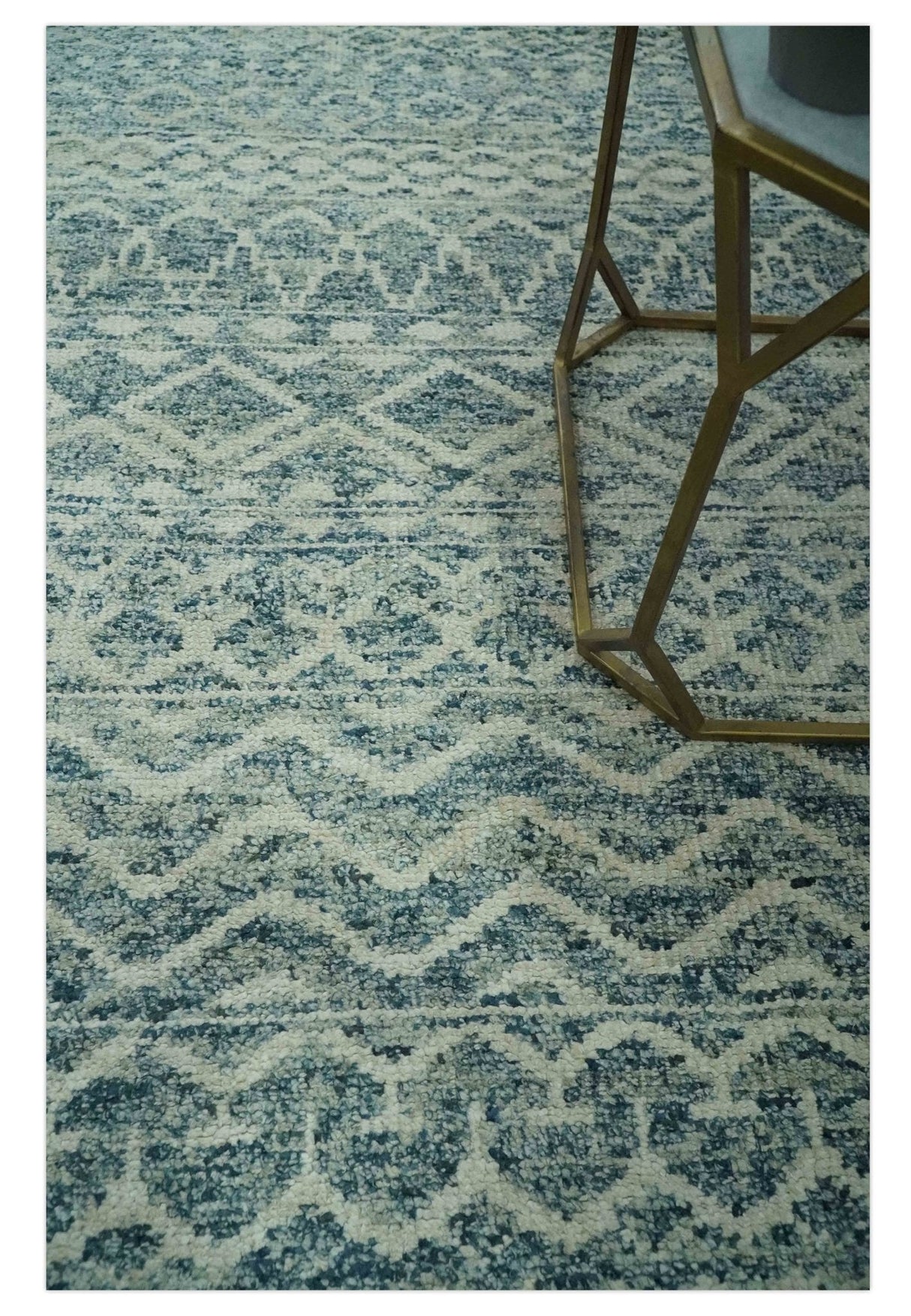 5x7 Teal and Beige Hand knotted southwestern Tribal trellis recycled Art Silk rug-Area Rug-Parc Decor