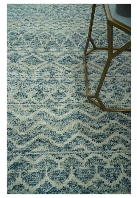 5x7 Teal and Beige Hand knotted southwestern Tribal trellis recycled Art Silk rug-Area Rug-Parc Decor