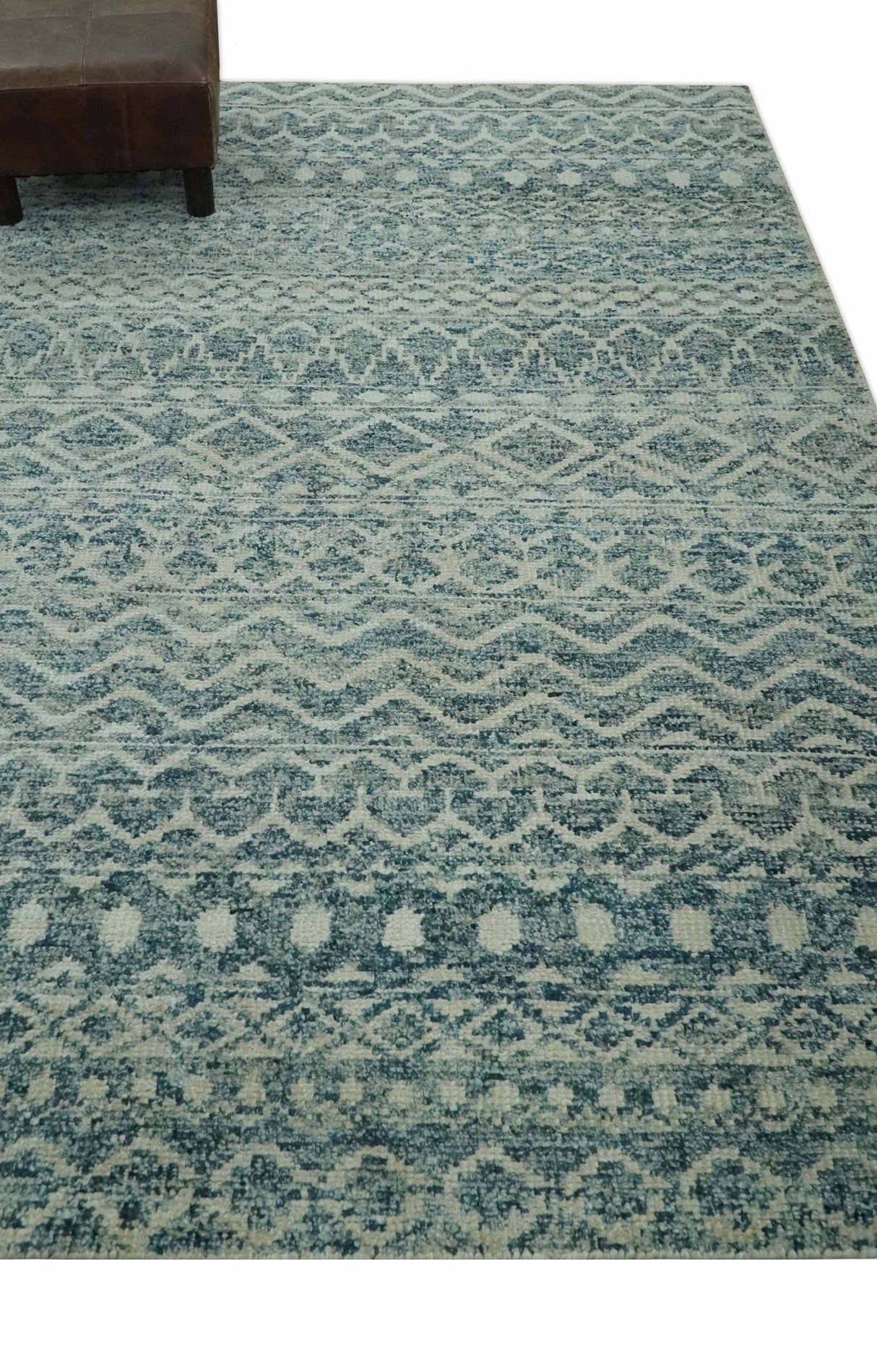 5x7 Teal and Beige Hand knotted southwestern Tribal trellis recycled Art Silk rug-Area Rug-Parc Decor