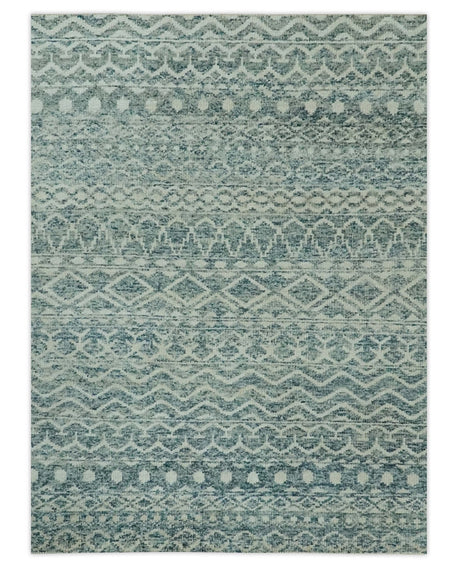 5x7 Teal and Beige Hand knotted southwestern Tribal trellis recycled Art Silk rug-Area Rug-Parc Decor