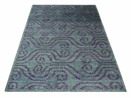 5x8 and 8x10 Hand Knotted Blue, Gray and Purple Modern Contemporary Southwestern Tribal Recycled Silk Area Rug
