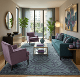5x8 and 8x10 Hand Knotted Blue, Gray and Purple Modern Contemporary Southwestern Tribal Recycled Silk Area Rug