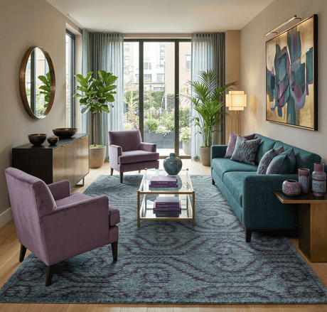 5x8 and 8x10 Hand Knotted Blue, Gray and Purple Modern Contemporary Southwestern Tribal Recycled Silk Area Rug