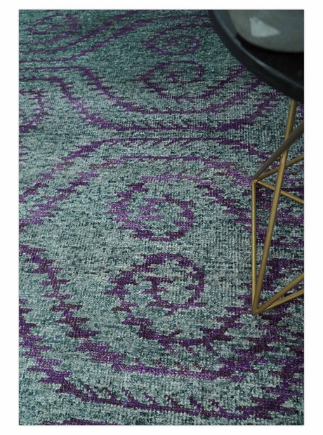 5x8 and 8x10 Hand Knotted Blue, Gray and Purple Modern Contemporary Southwestern Tribal Recycled Silk Area Rug