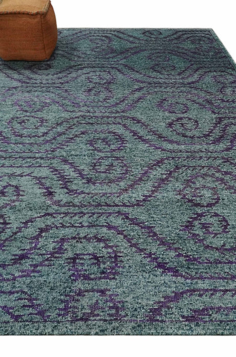 5x8 and 8x10 Hand Knotted Blue, Gray and Purple Modern Contemporary Southwestern Tribal Recycled Silk Area Rug