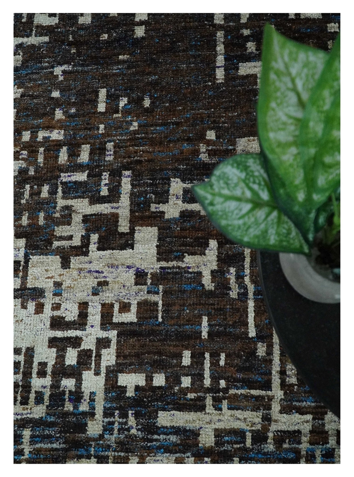 5x8 and 9x12 Hand Knotted Silver, Charcoal and Brown Modern Abstract Recycled Silk Area Rug