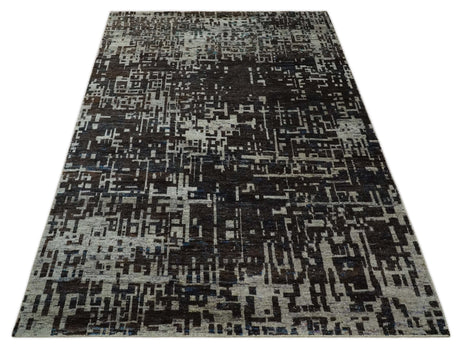 5x8 and 9x12 Hand Knotted Silver, Charcoal and Brown Modern Abstract Recycled Silk Area Rug