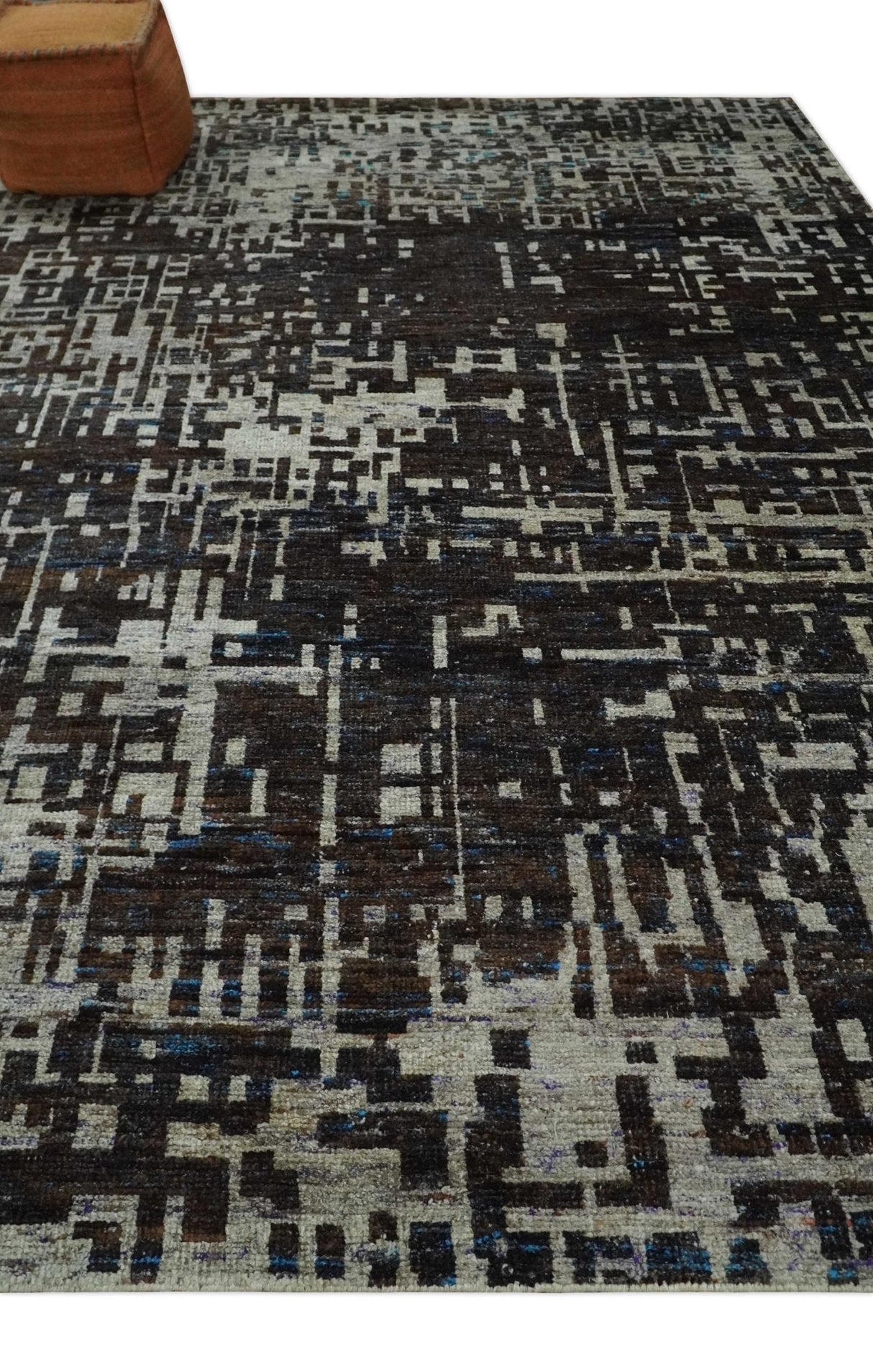 5x8 and 9x12 Hand Knotted Silver, Charcoal and Brown Modern Abstract Recycled Silk Area Rug