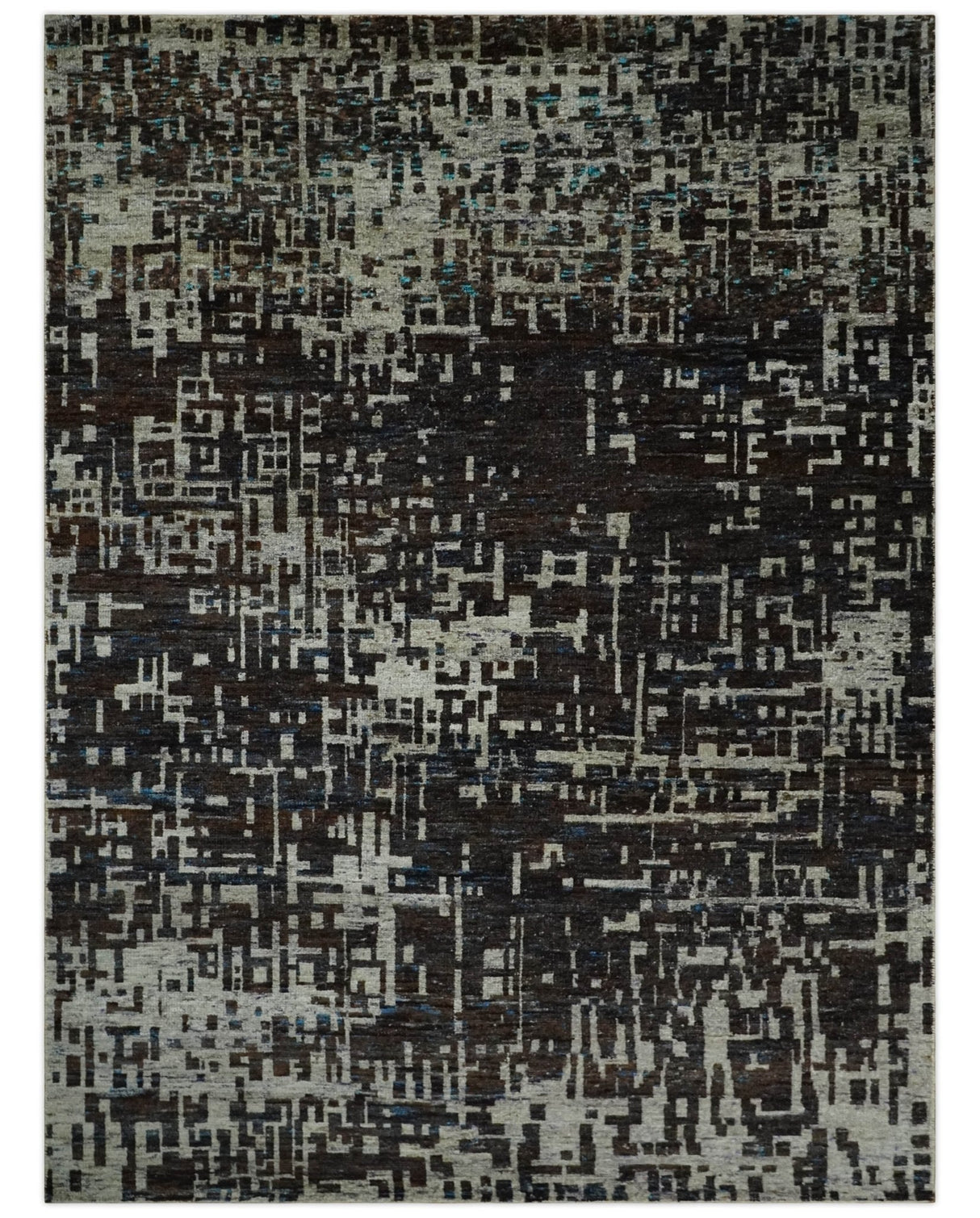 5x8 and 9x12 Hand Knotted Silver, Charcoal and Brown Modern Abstract Recycled Silk Area Rug