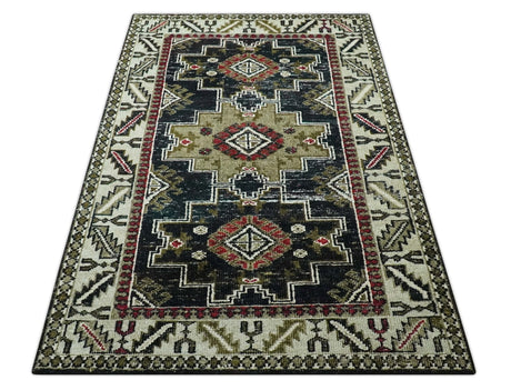 5x8 Black and Silver Traditional Heriz Hand Knotted wool area Rug