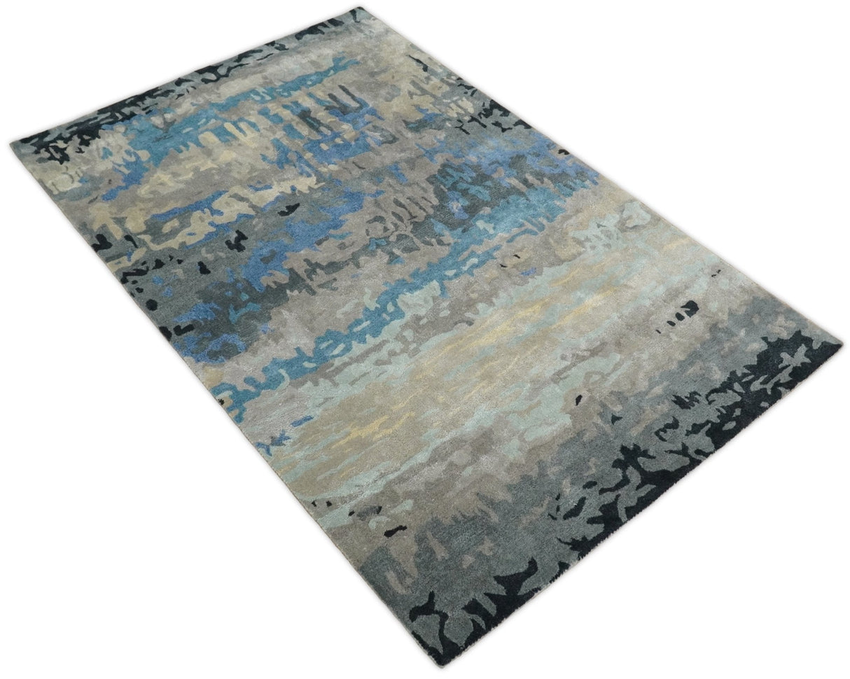 5x8 Blue and Brown Abstract Handmade Wool and Art Silk Area Rug-Area Rug-Parc Decor