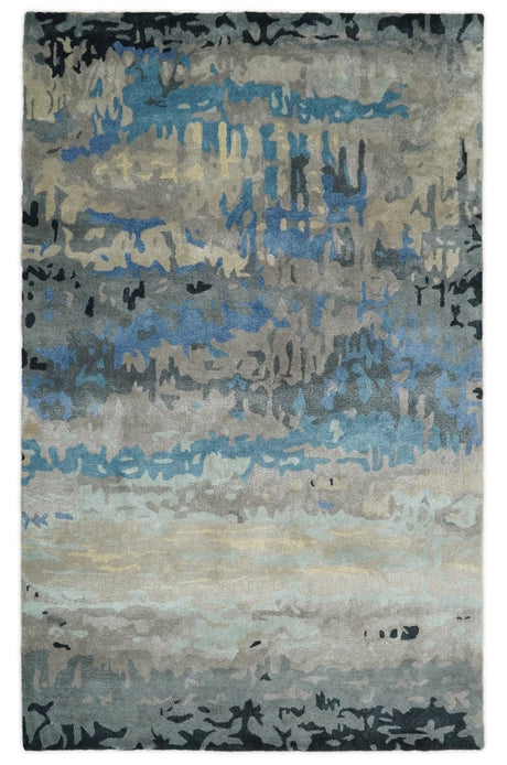 5x8 Blue and Brown Abstract Handmade Wool and Art Silk Area Rug-Area Rug-Parc Decor