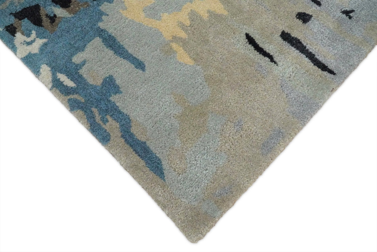 5x8 Blue and Silver Abstract Handmade Wool and Art Silk Area Rug-Area Rug-Parc Decor