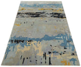 5x8 Blue and Silver Abstract Handmade Wool and Art Silk Area Rug-Area Rug-Parc Decor
