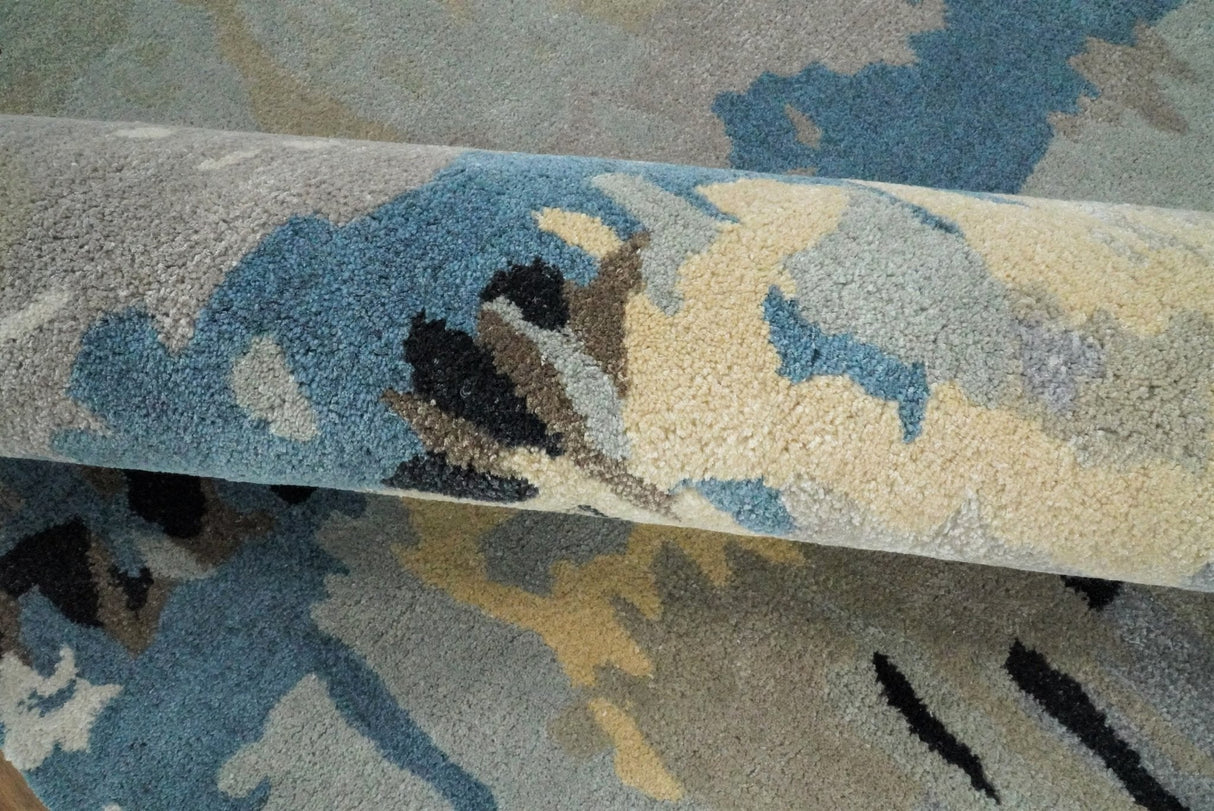 5x8 Blue and Silver Abstract Handmade Wool and Art Silk Area Rug-Area Rug-Parc Decor