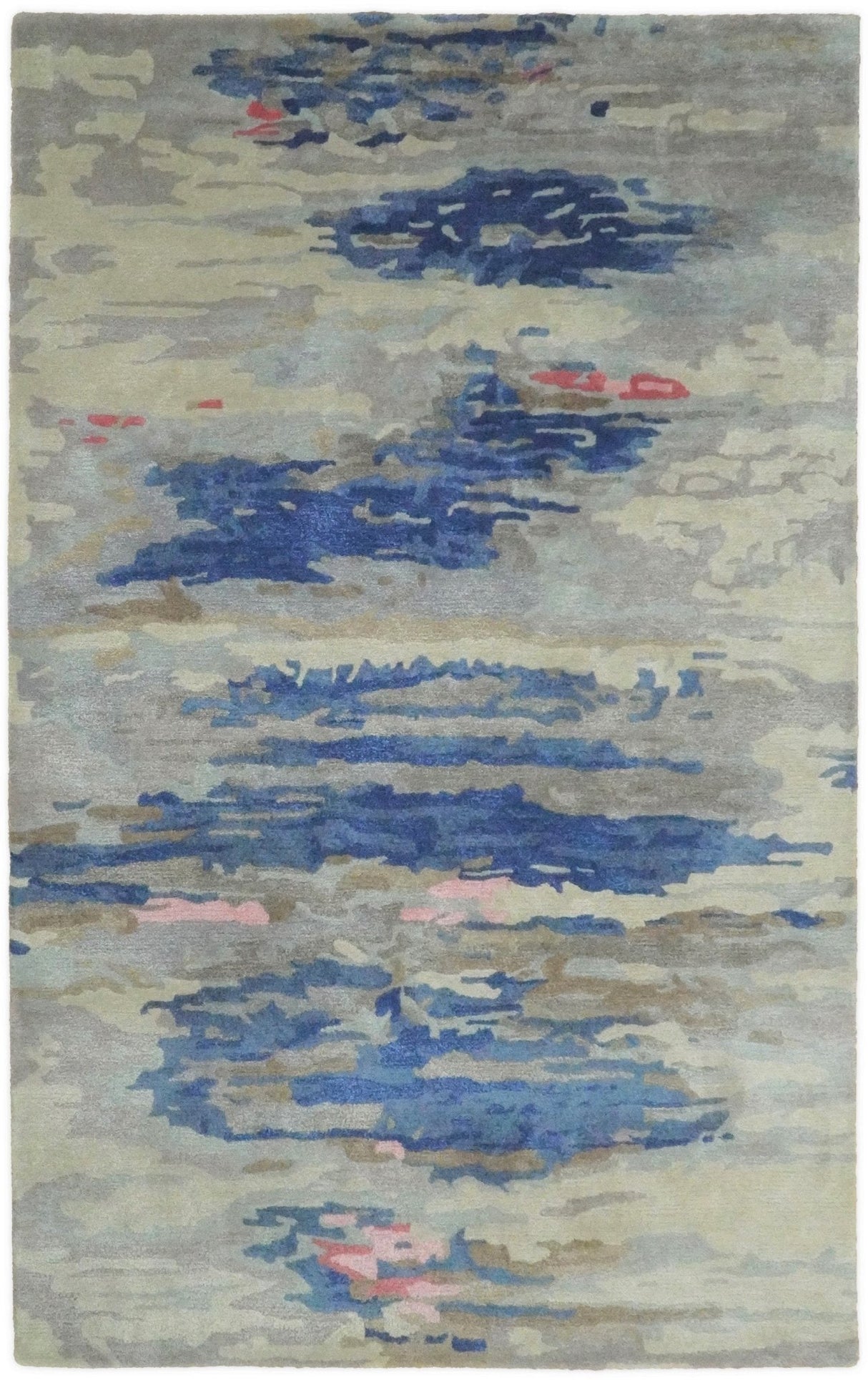 5x8 Blue and Silver Abstract Handmade Wool and Art Silk Area Rug-Area Rug-Parc Decor