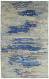 5x8 Blue and Silver Abstract Handmade Wool and Art Silk Area Rug-Area Rug-Parc Decor