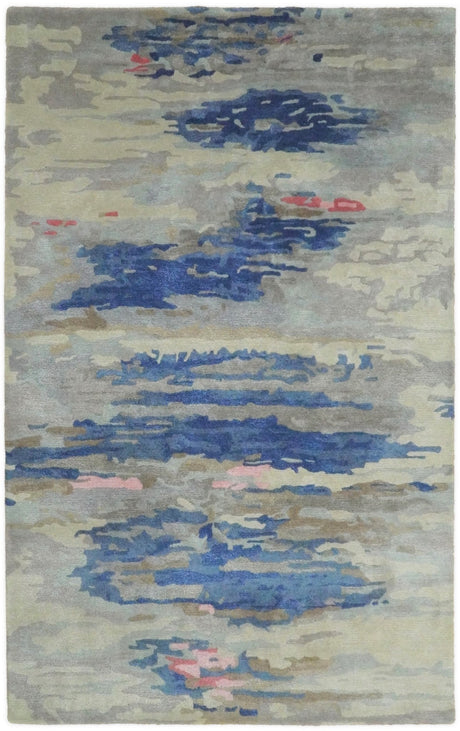 5x8 Blue and Silver Abstract Handmade Wool and Art Silk Area Rug-Area Rug-Parc Decor