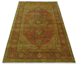 5x8 Gold and Rust Heriz Serapi Traditional Vintage Antique Hand Knotted Wool Area Rug