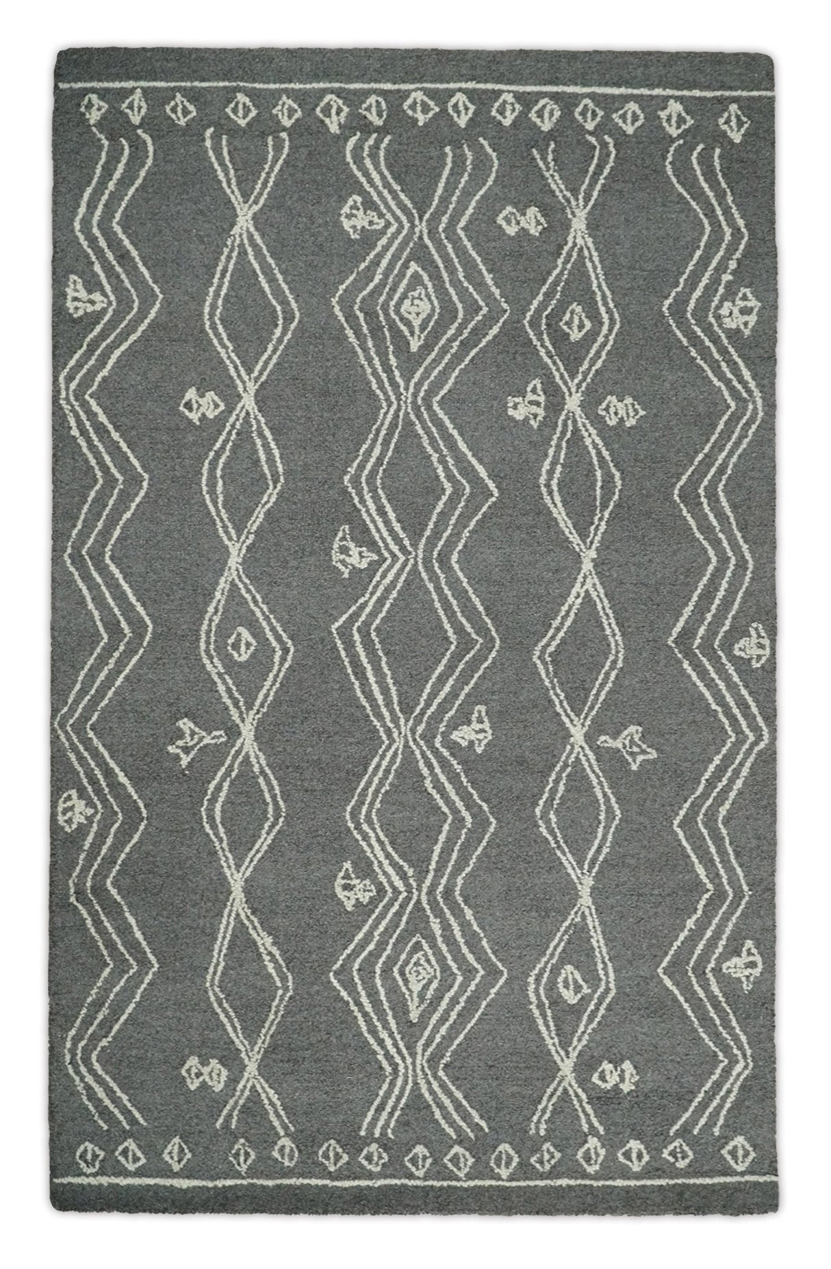 5x8 Gray and White Tribal Hand Hooked Textured Loop Area Rug | TRIB1-Area Rug-Parc Decor