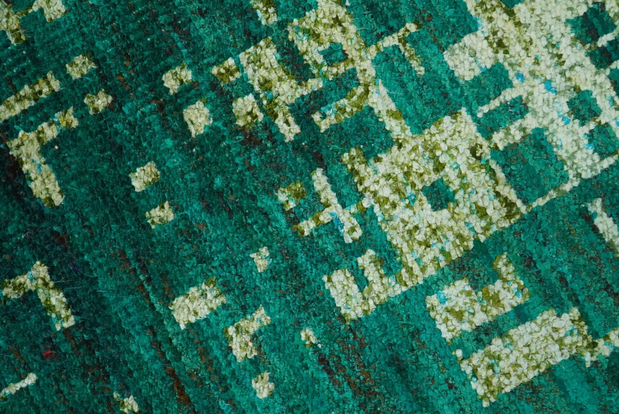 5x8 Green and Olive Hand Knotted Modern Abstract Contemporary Recycled Silk Rug