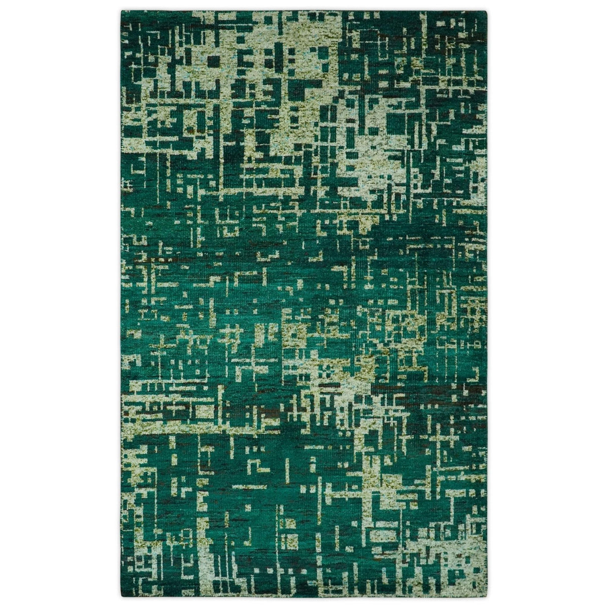 5x8 Green and Olive Hand Knotted Modern Abstract Contemporary Recycled Silk Rug