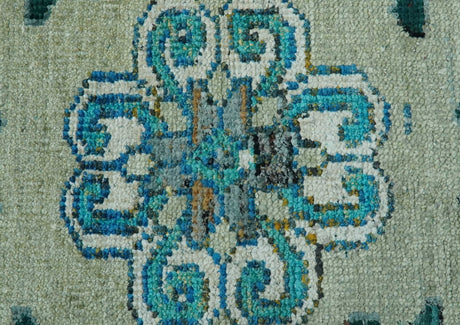 5x8 Green, Ivory and Blue Traditional Large design hand knotted wool area rug