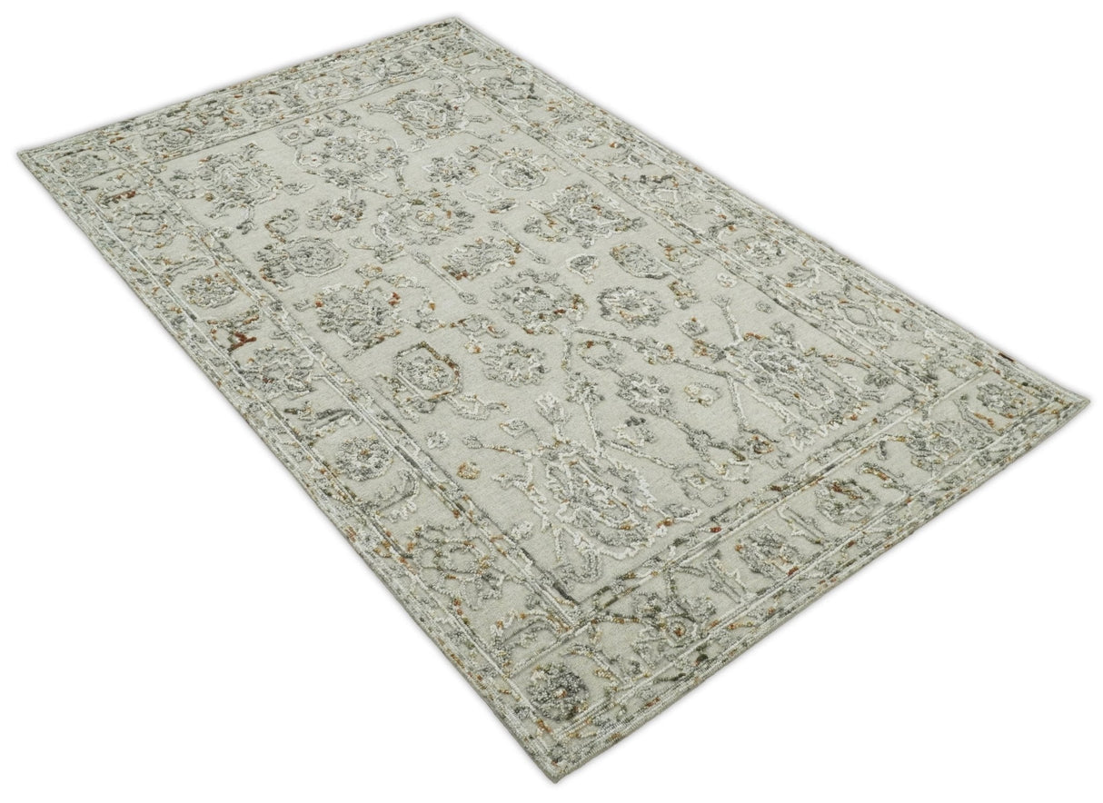 5x8 Hand Hooked Beige and Silver Wool Textured Loop Area Rug | GAR2-Area Rug-Parc Decor