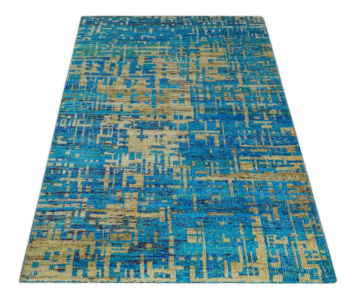 5x8 Hand Knotted Beige and Blue Modern Abstract Recycled Silk Area Rug