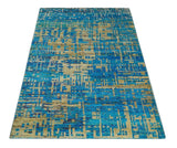 5x8 Hand Knotted Beige and Blue Modern Abstract Recycled Silk Area Rug