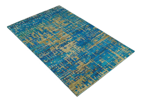 5x8 Hand Knotted Beige and Blue Modern Abstract Recycled Silk Area Rug