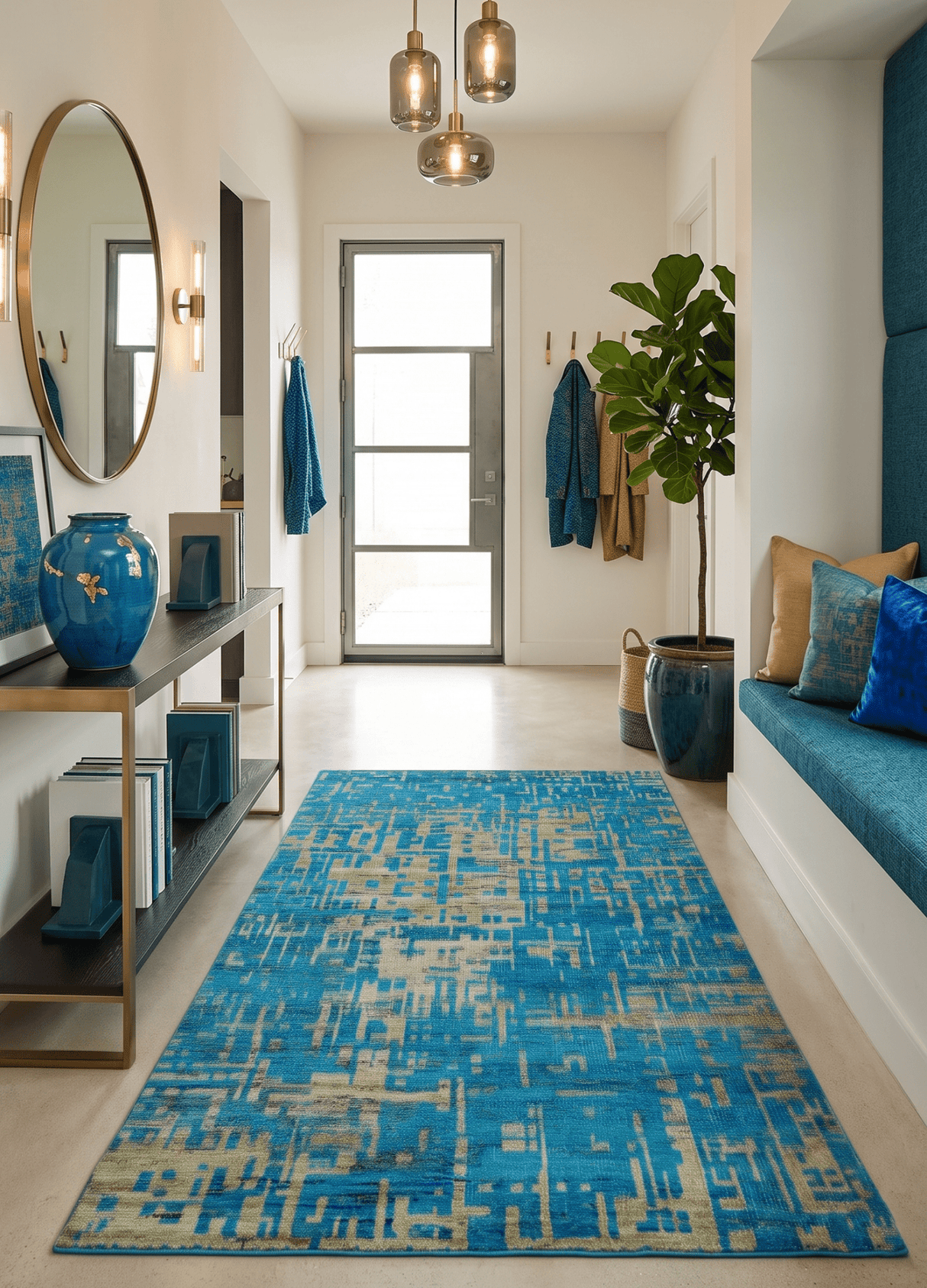 5x8 Hand Knotted Beige and Blue Modern Abstract Recycled Silk Area Rug