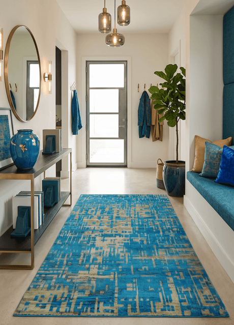 5x8 Hand Knotted Beige and Blue Modern Abstract Recycled Silk Area Rug